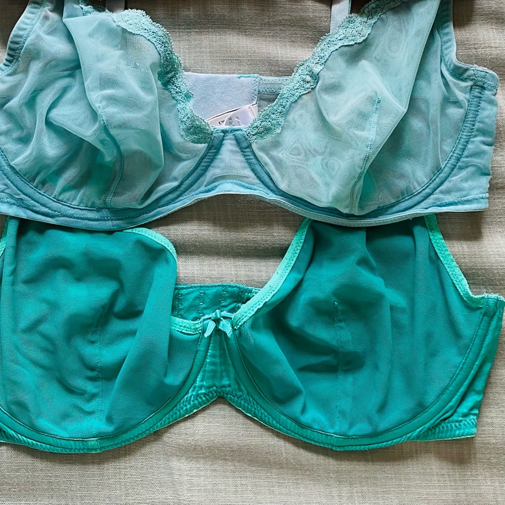 WOW" (2) Fleur du Mal Demi Mesh Bra's (Sheer Tulle) & (Emerald) Sz 36DD Preowned